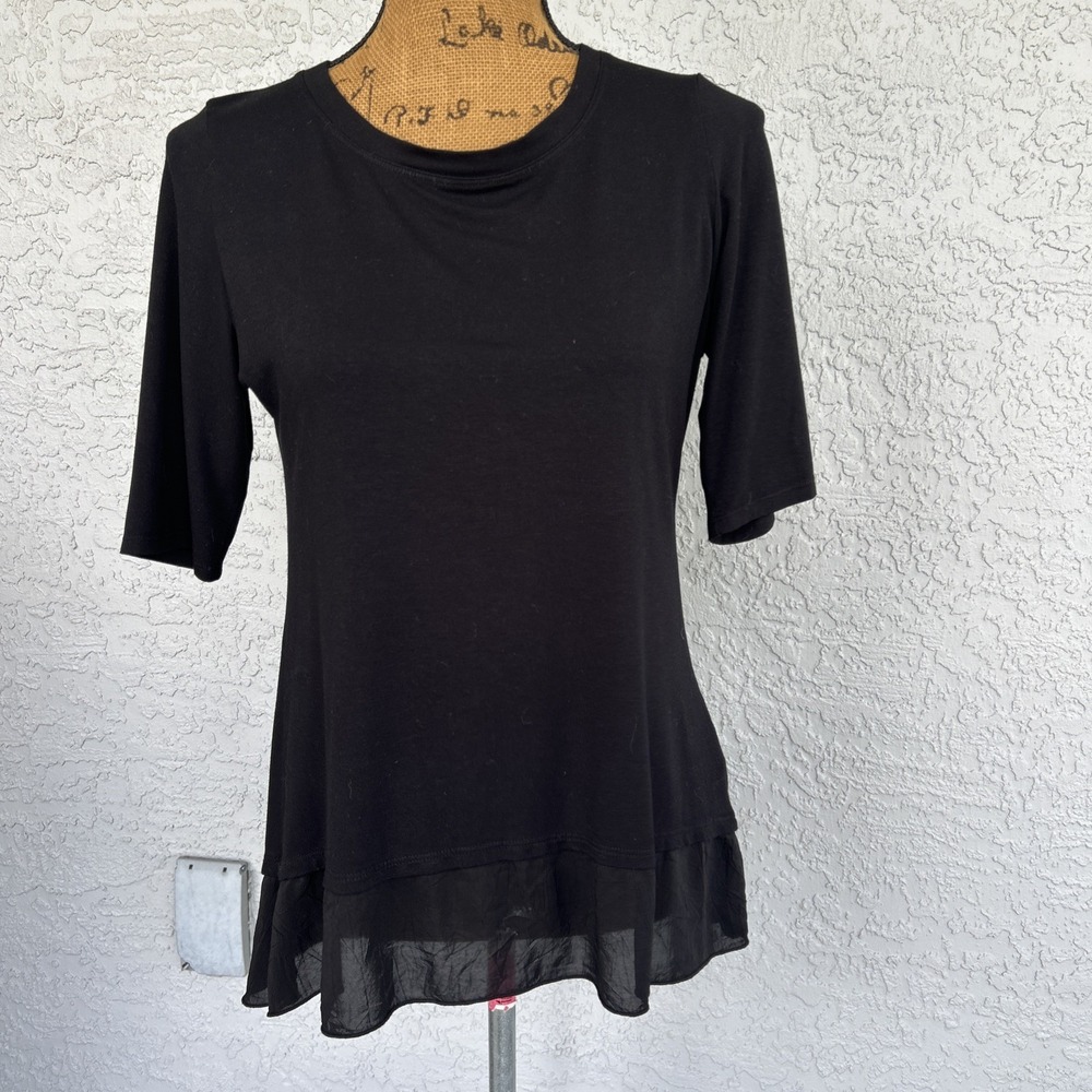 Barbara Lesser Top Small Black High‎ Low Hem Sheer Ruffle Tier Made in USA